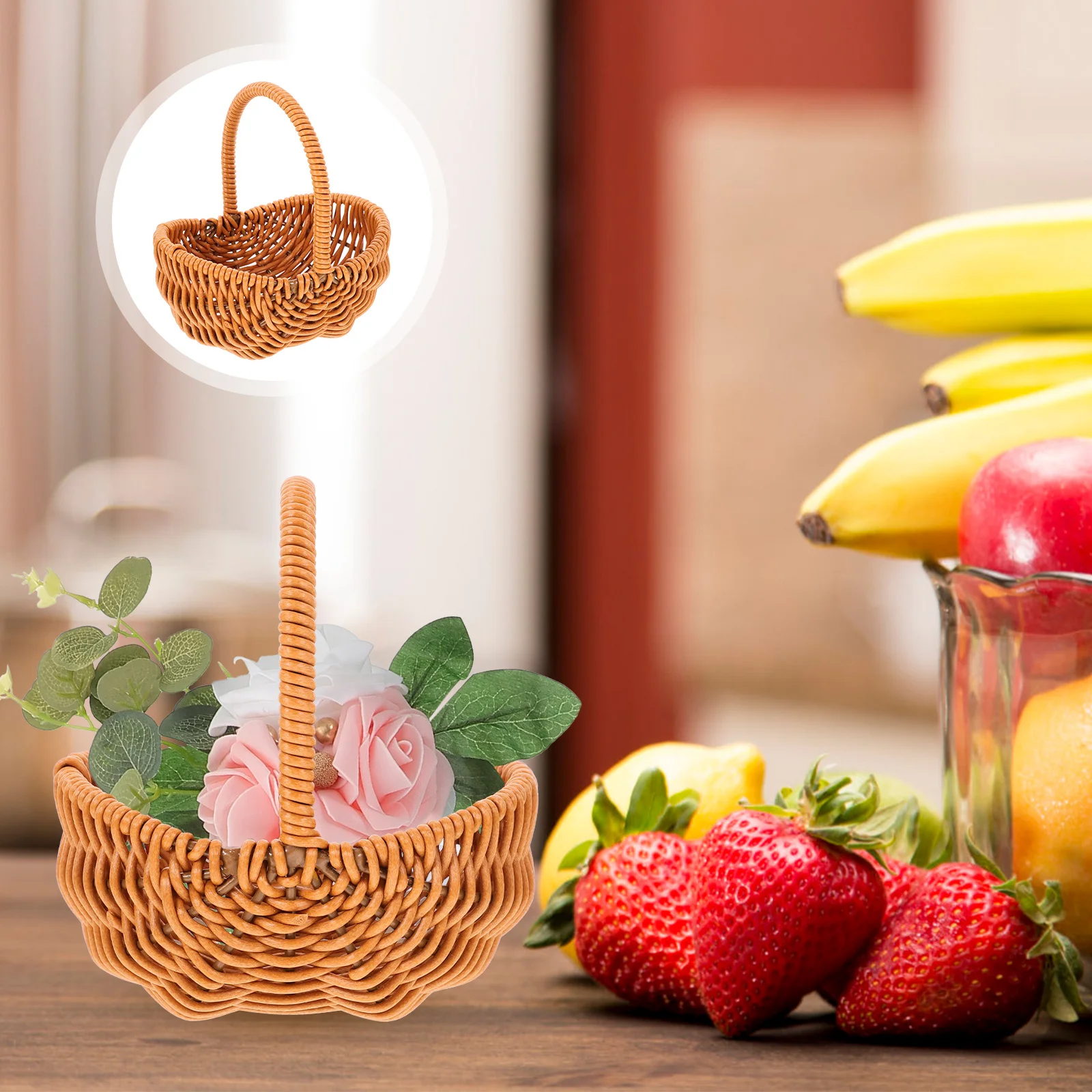 

Mini Woven Flower Handcrafted Storage For Home Decor Portable Gift Basket Small Items Holder Artificial Rattan Basket