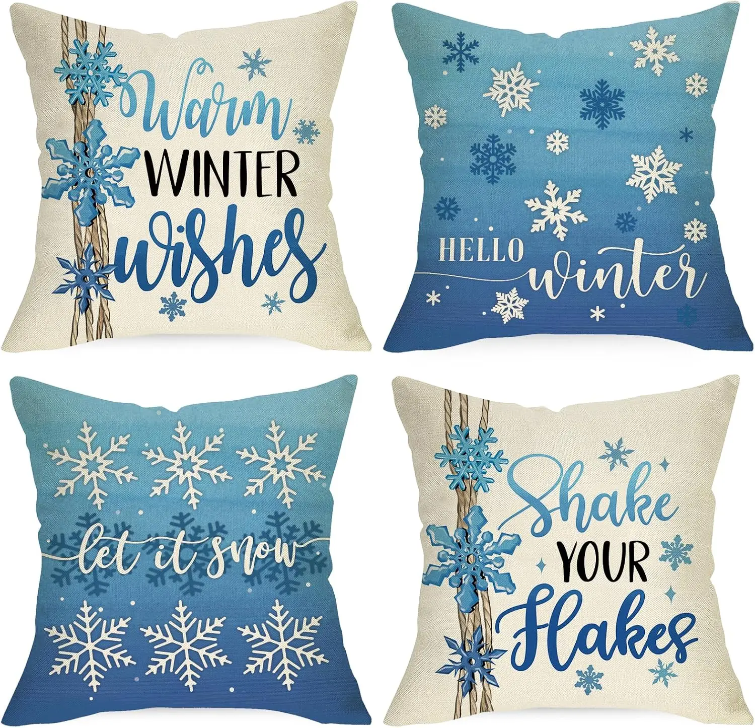 Double Sided Winter Snowflake Pillow Covers Set Of 4, Warm Winter Wishes Shake Your Hakes Let It Snow Christmas Cushion Cases