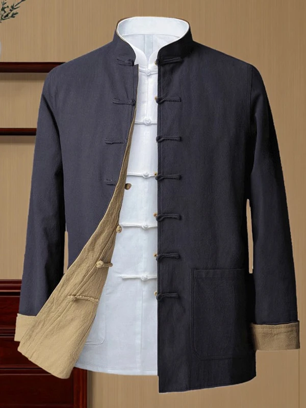 

Double-Sided Wear Men's Jaet Hanfu Tang Costume Cotton Linen Button Long Sve Top Casual Autumn Wear Chinese Brand