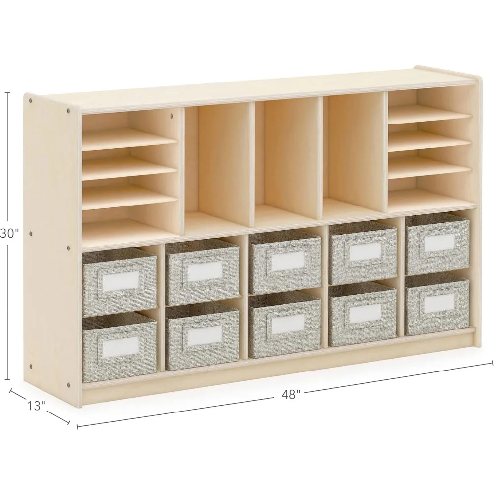 Shelves and 10 Bin Storage Unit- Natural: Multi-Functional Cube Storage Organizer or Bookcase, Wooden Cabinet for School