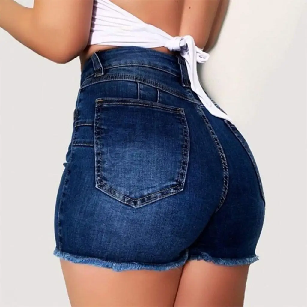 Popular European and American Elastic Slim Fit Ripped Fringed Denim Shorts for Women