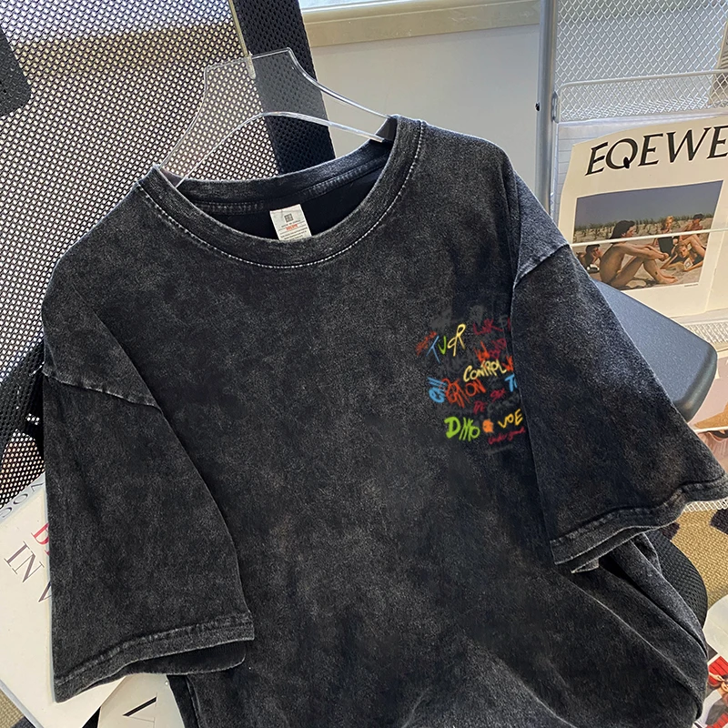 American Style Retro Colorful Letter Print Women T-shirt 2024 New Summer Trendy Wash-Black Top Harajuku Handsome Streetwear Tee