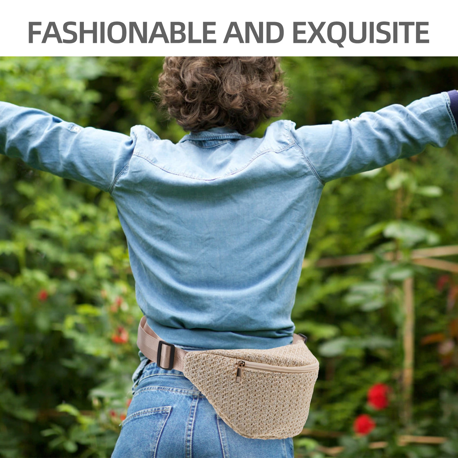 

1pc Pack Stylish Polyester Fanny Bag Beige Crochet Summer Child Belt Outdoor Hiking Bike Dog Walking Workout Travel
