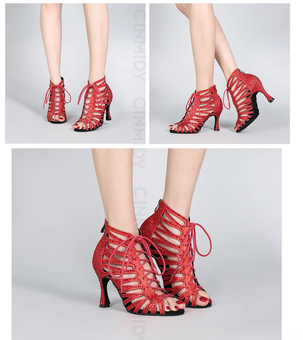 CINMIDY Schwarze Tanzschuhe für Damen Tango Salsa Latein Tanzschuhe Kubanischer Absatz Ballsaal Tanzstiefel Rote Partyschuhe zum Tanzen – Detail 10