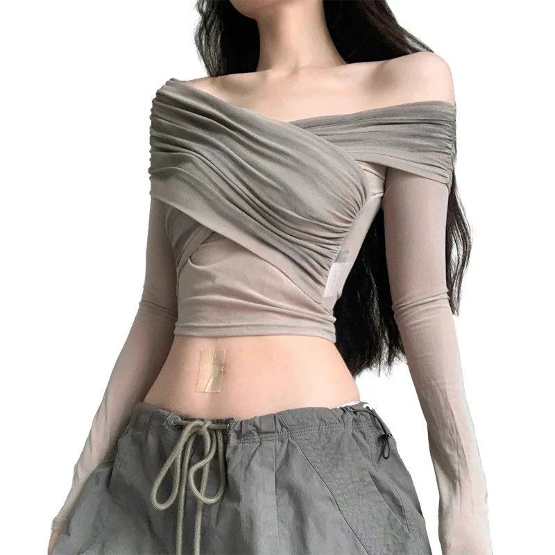 

Wind 2023 Winter New Women's Pleated Inner Outfit Slim And Sexy Spicy Girl Cross Gradient Off Shoulder T-Shirt