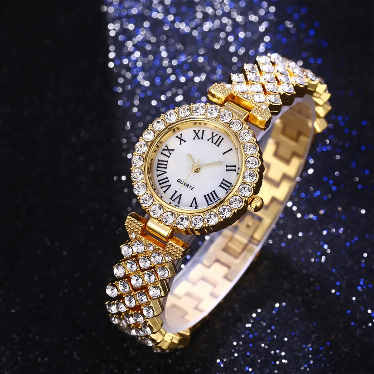 6PCS/Set Fashion Rhinestone Women\'s Watch Female Steel Band Analog Quartz Watches Diamond Jewelry Set（Without Box）