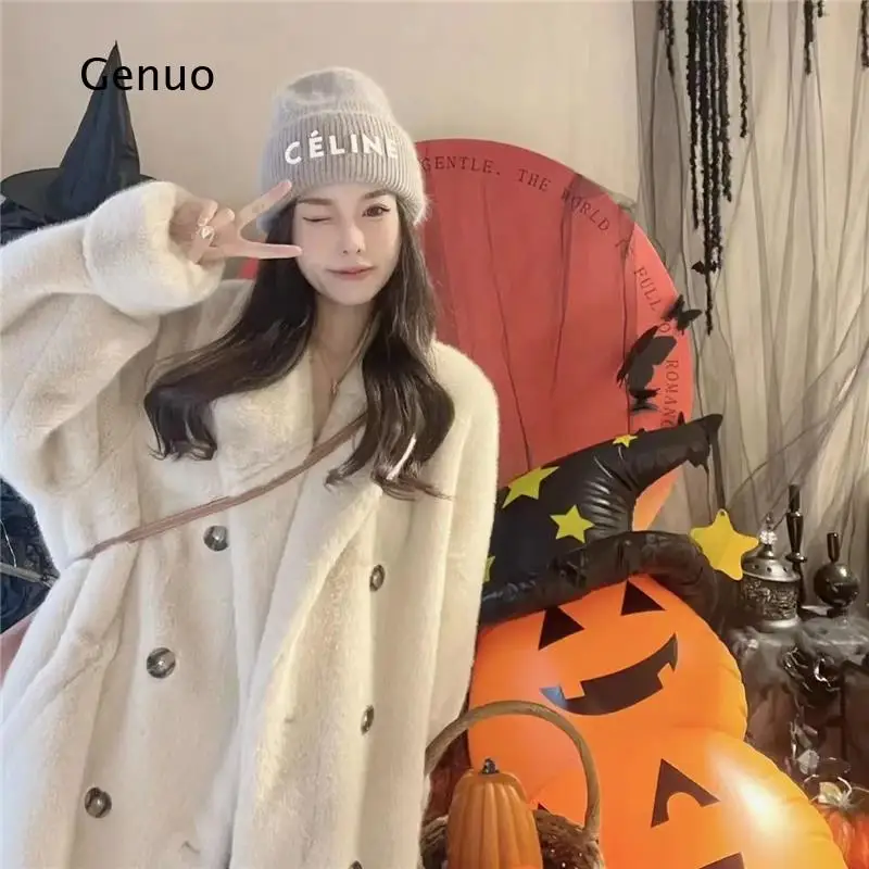 2026 Women Thickened Suit Collar Faux Mink Fur Long Coat Warm Soft Fluffy Overcoat Autumn Winter Outerwear