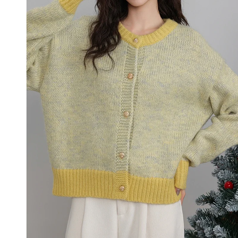 EVNISI Autumn Winter O-Neck Casual Warm Coat Office Outerwear Single-breasted Cardigan Long Sleeve Patchwork Knitted Sweater