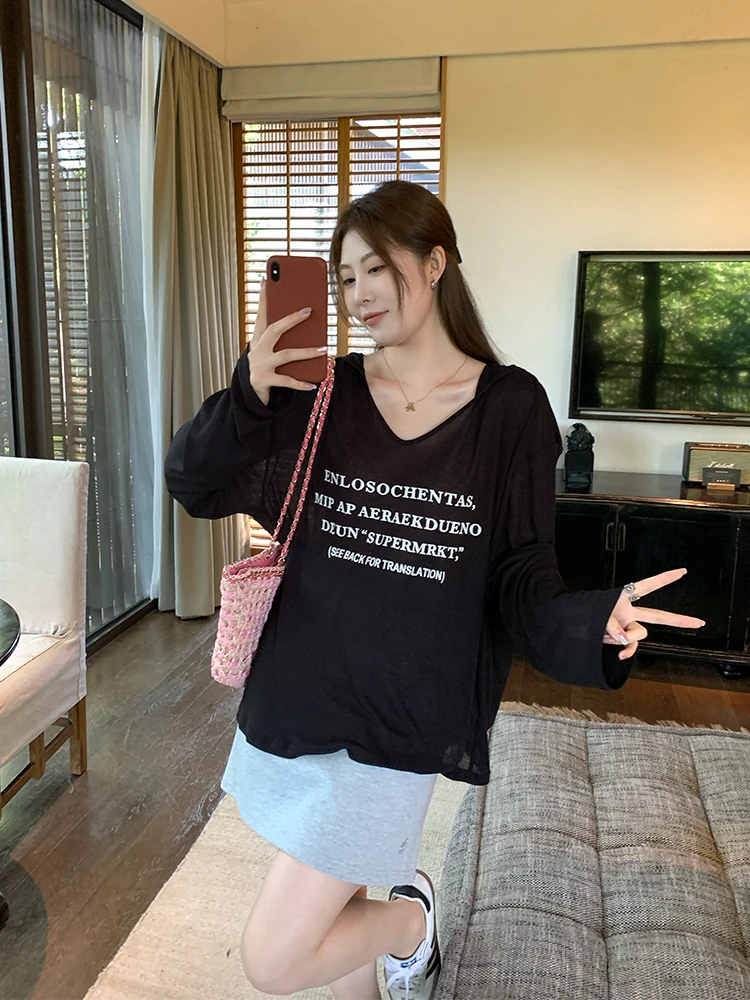 

NAZ Large Size Summer New Letter Print Loose Thin Bla Hooded Sun Protection irt Women's T-irt Polyester Fiber 70% Other...