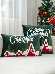 1pc Green Dutch Velvet Christmas Embroidery Cushion Pillow Case, Dormitory Bedroom Sofa Home Decoration
