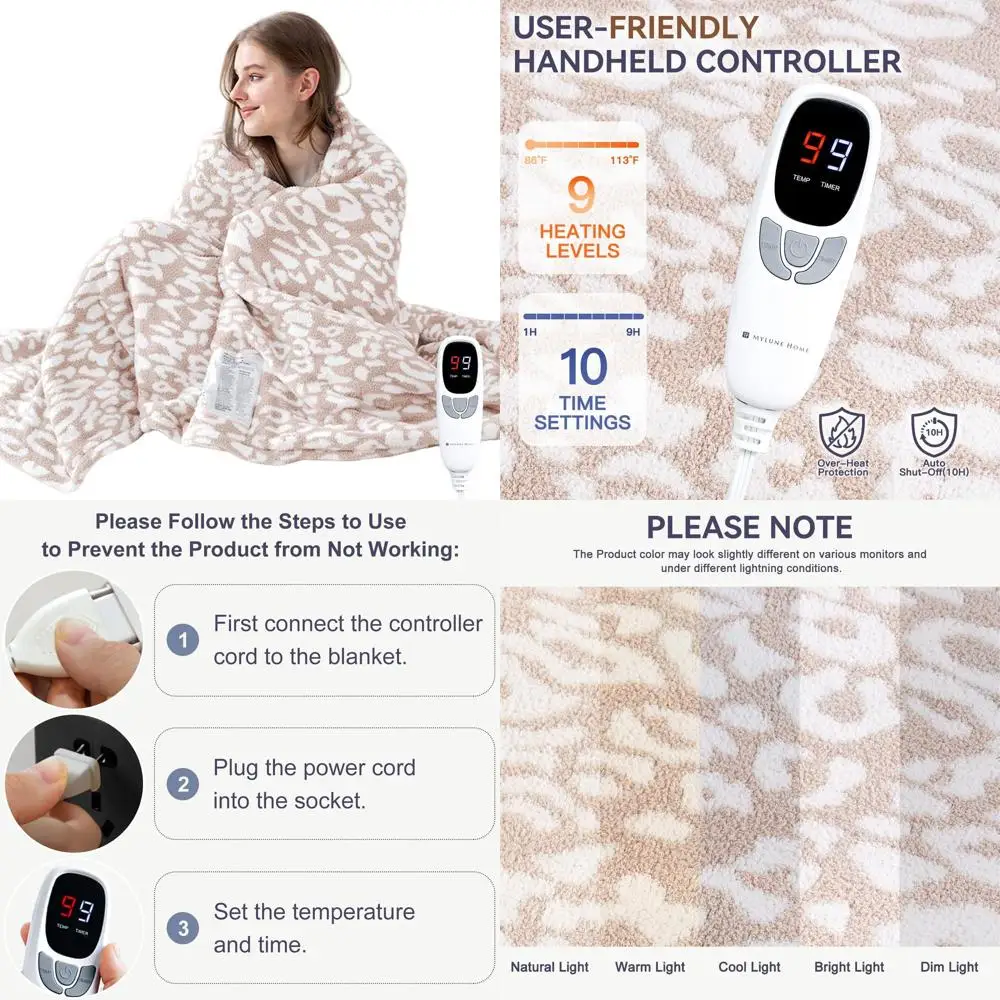 

Khaki Leopard Print Electric Blanket with 9 Heat Settings, 10-Hour Auto-Off, Washable, 62x84