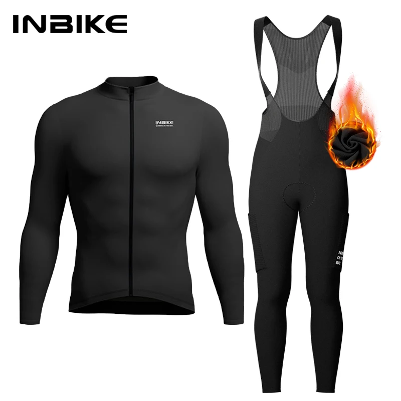 AliExpress INBIKE Winter Cycling Bib Tights Set with Pad Long Sleeve Jersey Thermal Fleece Warm Pockets for Men Road Bike MTB Clothing Man