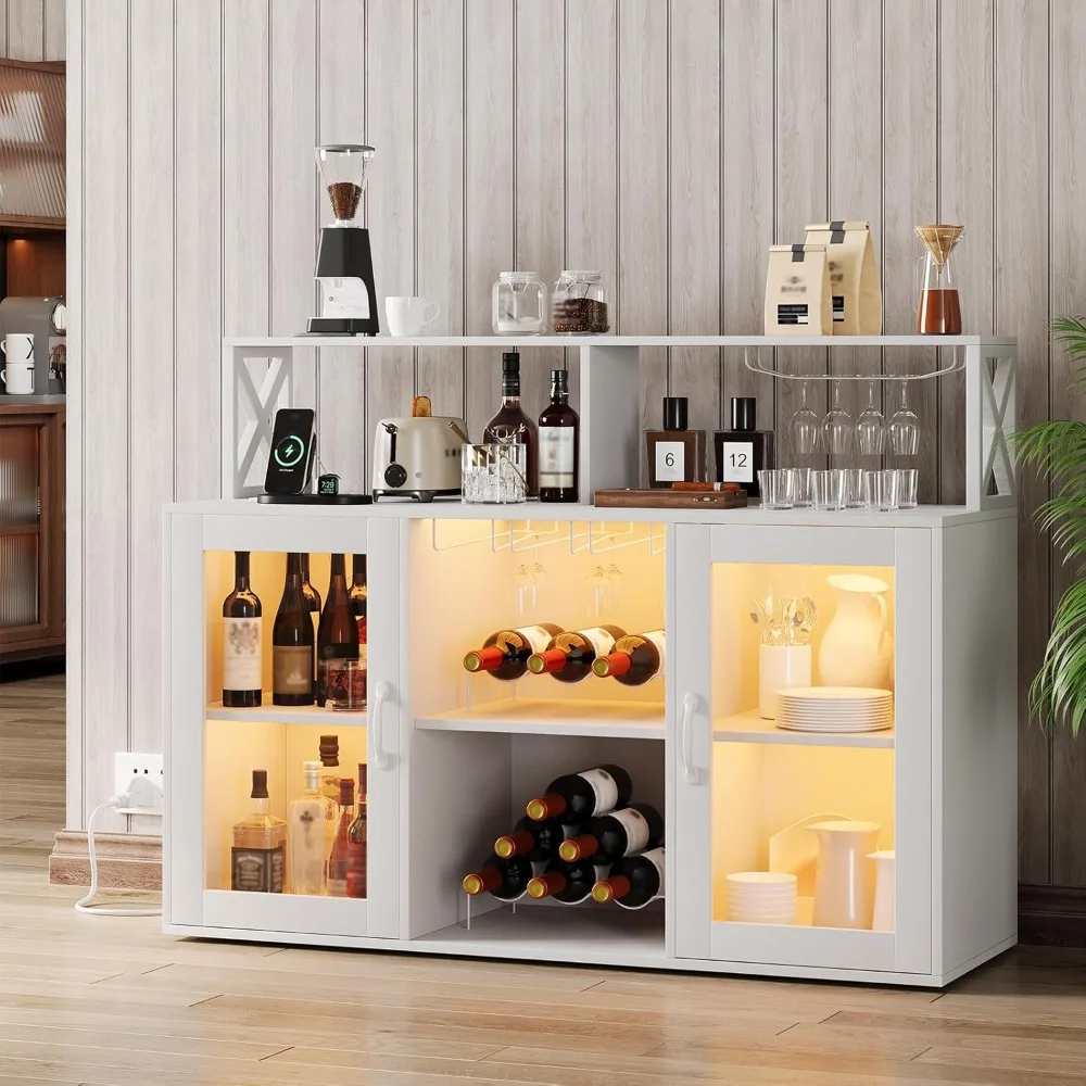 Rustykalna szafka na wino i alkohol w stylu farmhouse z oświetleniem LED i portami USB, 120 cm do przechowywania w domu.