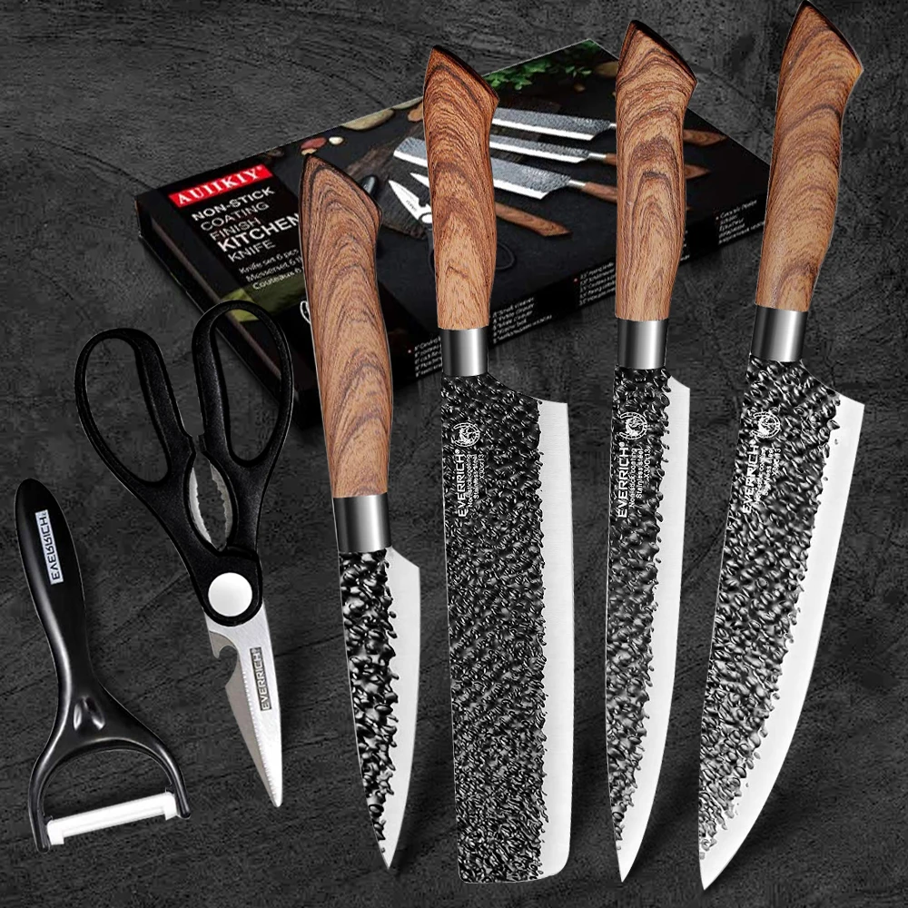 Kitchen Knives Stainless Steel Set Tools Forged Kitchen Knives Scissors Peeler 6 pcs Chef Slicer Nakiri Paring Knife Gift Case