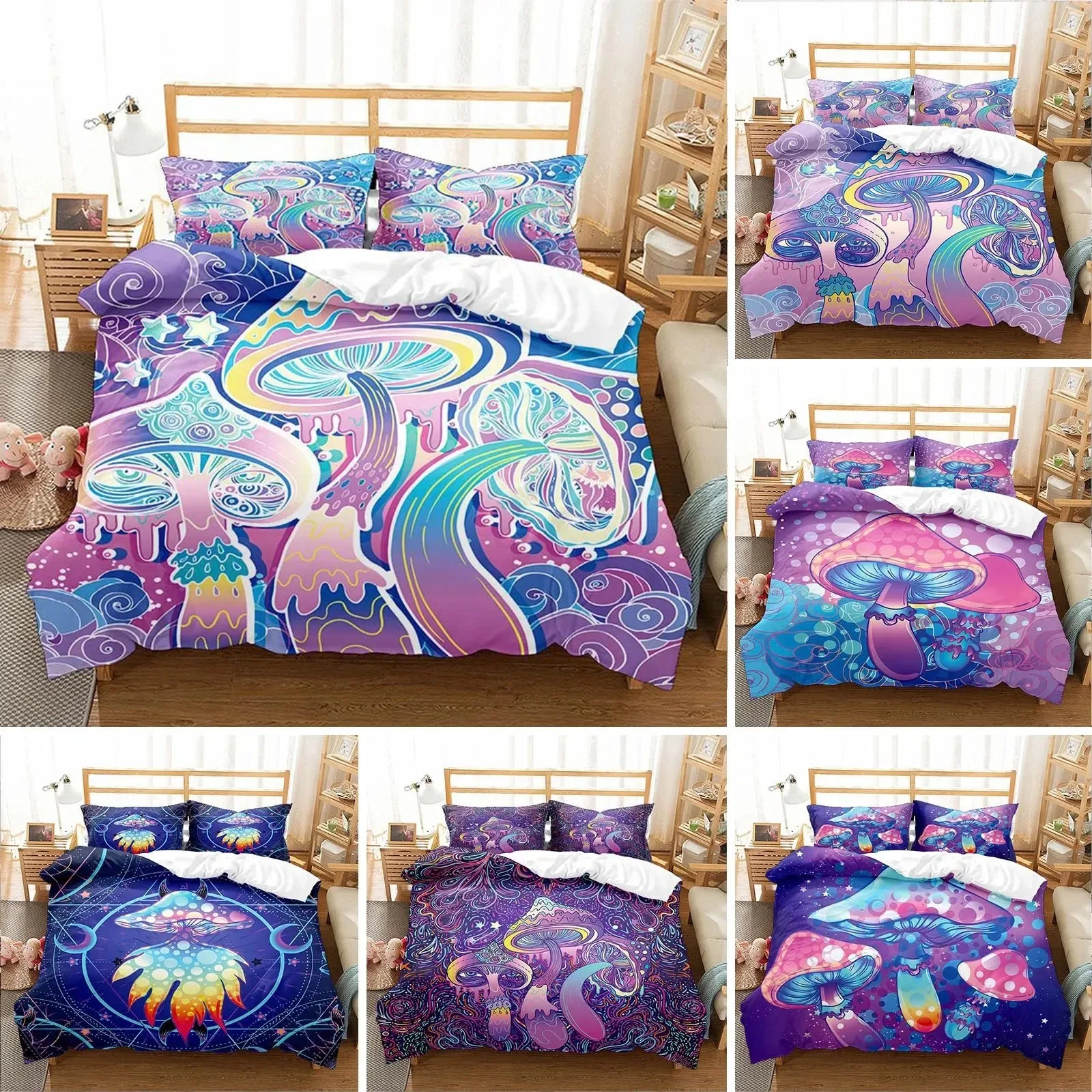 

Colorful Mushroom Duvet Cover Microfiber Mandala Pattern Bedding Set for Kid Teen Boys Girls,Bohemian Magic Mushroom Quilt Cover