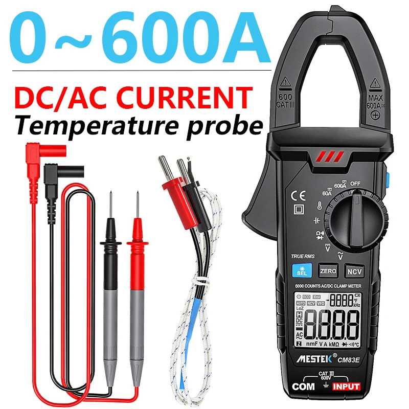 Mestek medidor de braçadeira digital faixa 0-600a dc/ac braçadeira amperimétrica de corrente com sonda de temperatura braçadeira de corrente dados claros para zero