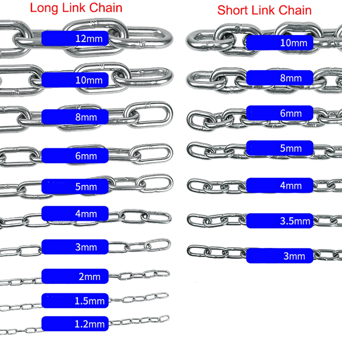 1Meter 1.2-8mm Diameter 304 Stainless Steel Chain Long Link Chain/Short Link Chain Lifting Pet Industry Welded Binding Chain