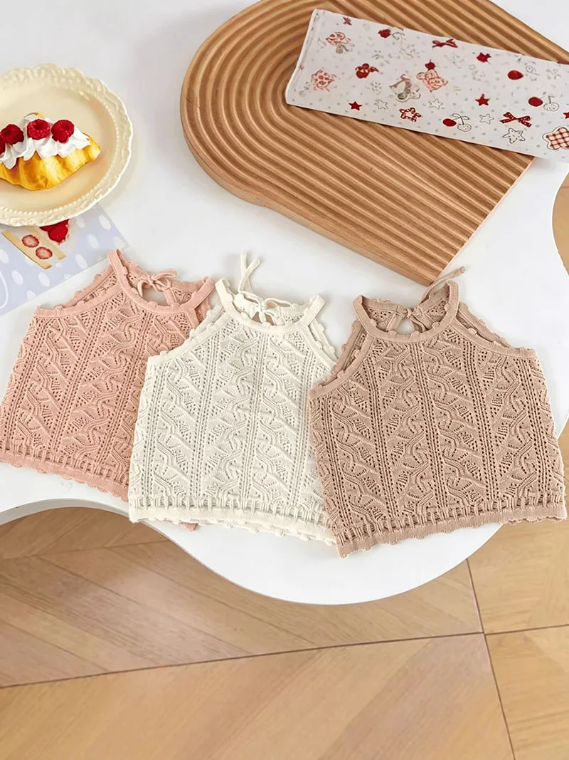 2026 New Summer Kids Knit Vest 1-6T Solid Color Hollow-out Girl Tank Top Children Clothes Baby Sleeveless Top