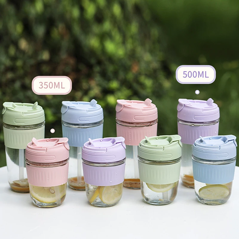 Portable 350/500ML Glass Water Bottle With Straw Coffee Mug Tea Cup Drinkware Leakproof Drinking Cups For Outdoor Travel