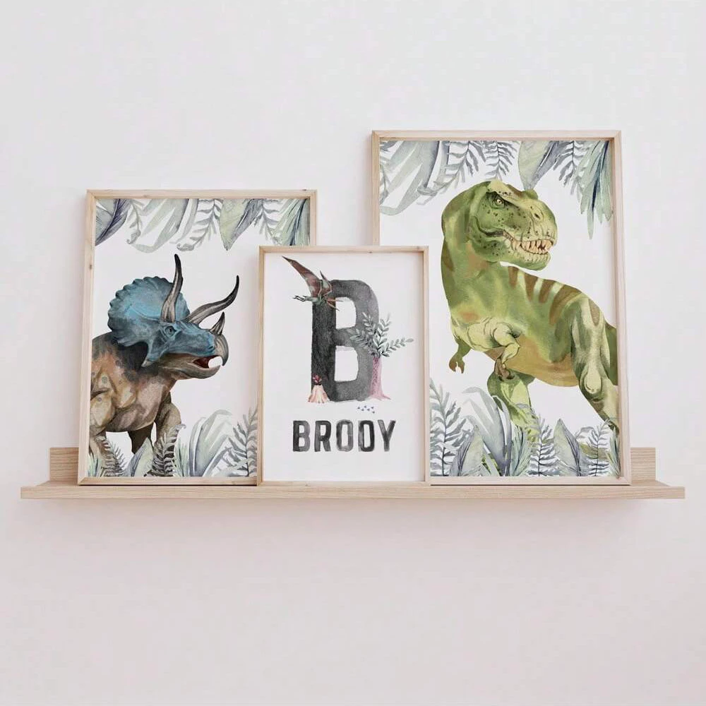 مجموعة فنية جدارية مخصصة من قماش الديناصورات مكونة من 3 قطع - مطبوعات، حبر بدون إطار عالي الجودة على القماش، مثالية لغرفة الأولاد والحضانة والدينو #2