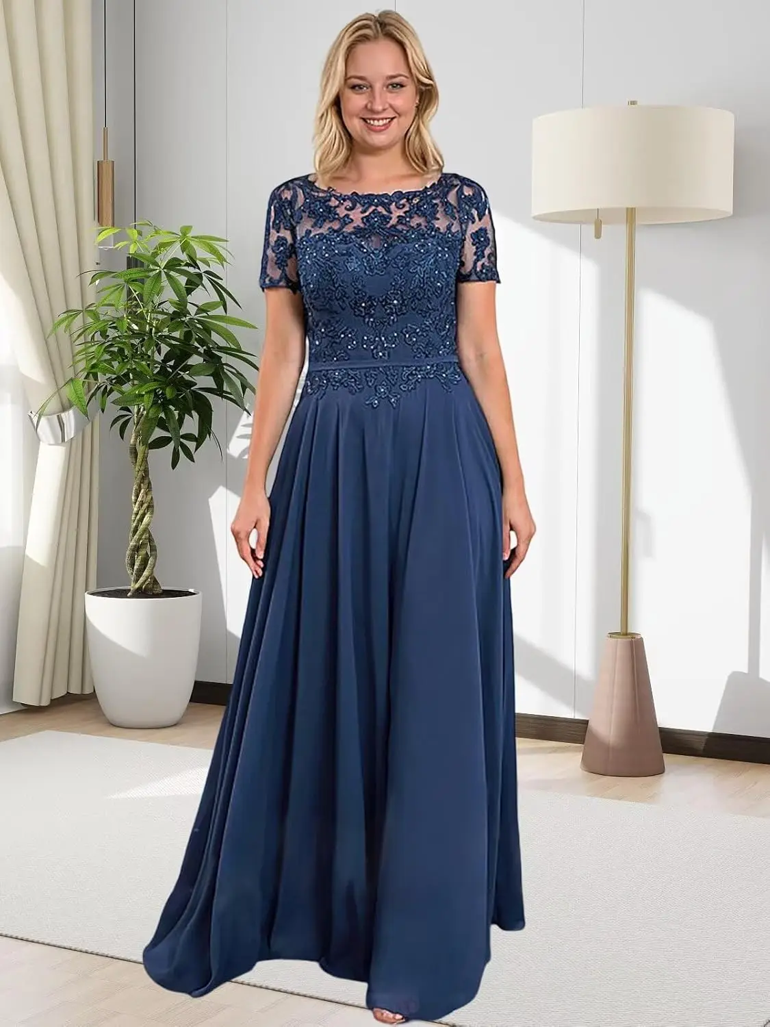 

Women's Sequin Lace Chiffon Mother of The Bride Dresses for Wedding Short Sleeve Long Formal Evening Gowns