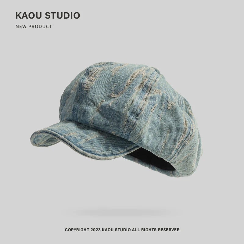 Korean Version of Personalized Old Denim Hole Design Beret Women\'s Spring and Autumn Large Version Casual Octagonal Painter Hat