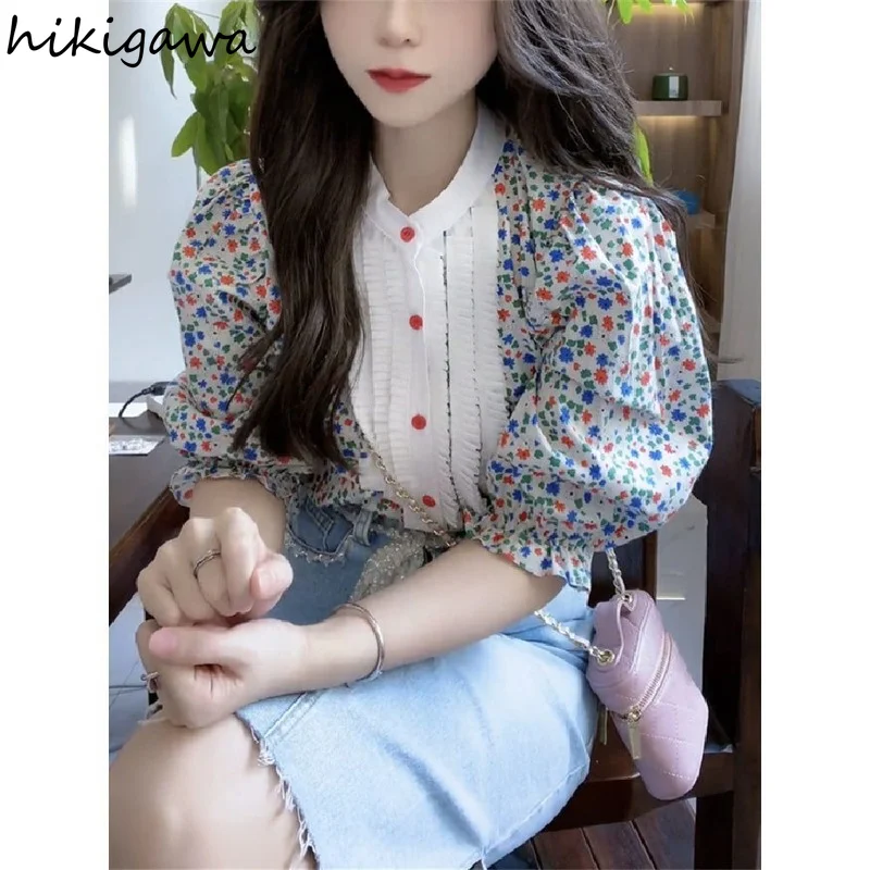 Vintage Blouse Women O-neck Puff Sleeve Shirt Fashion Clothes Floral Shirts 2023 Blusas De Mujer Summer Blouses Korean Tops