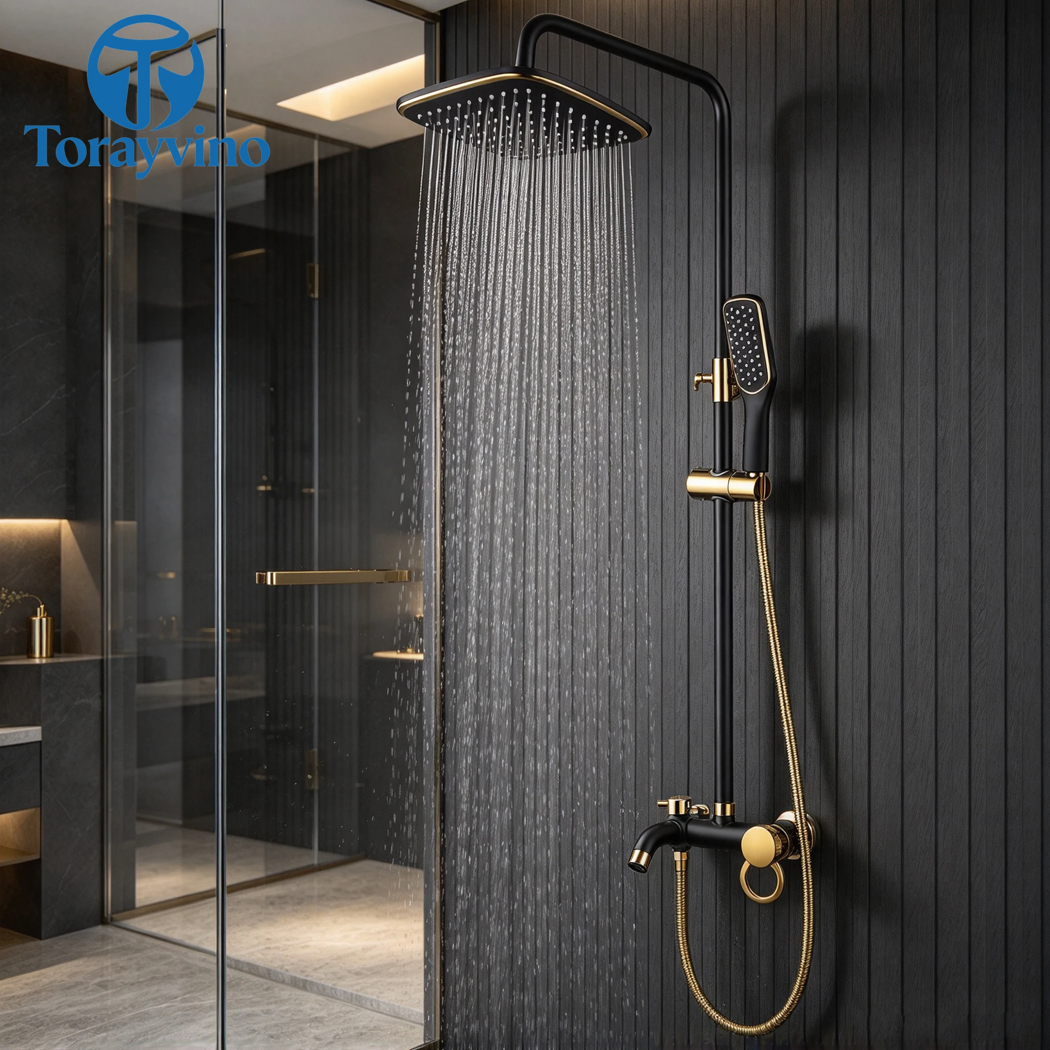 Torayvino Classic Luxury Bathroom White Gold Rainfall Shower Set Outdoor Bathtub Shower Faucet 3 Function Shower System Column