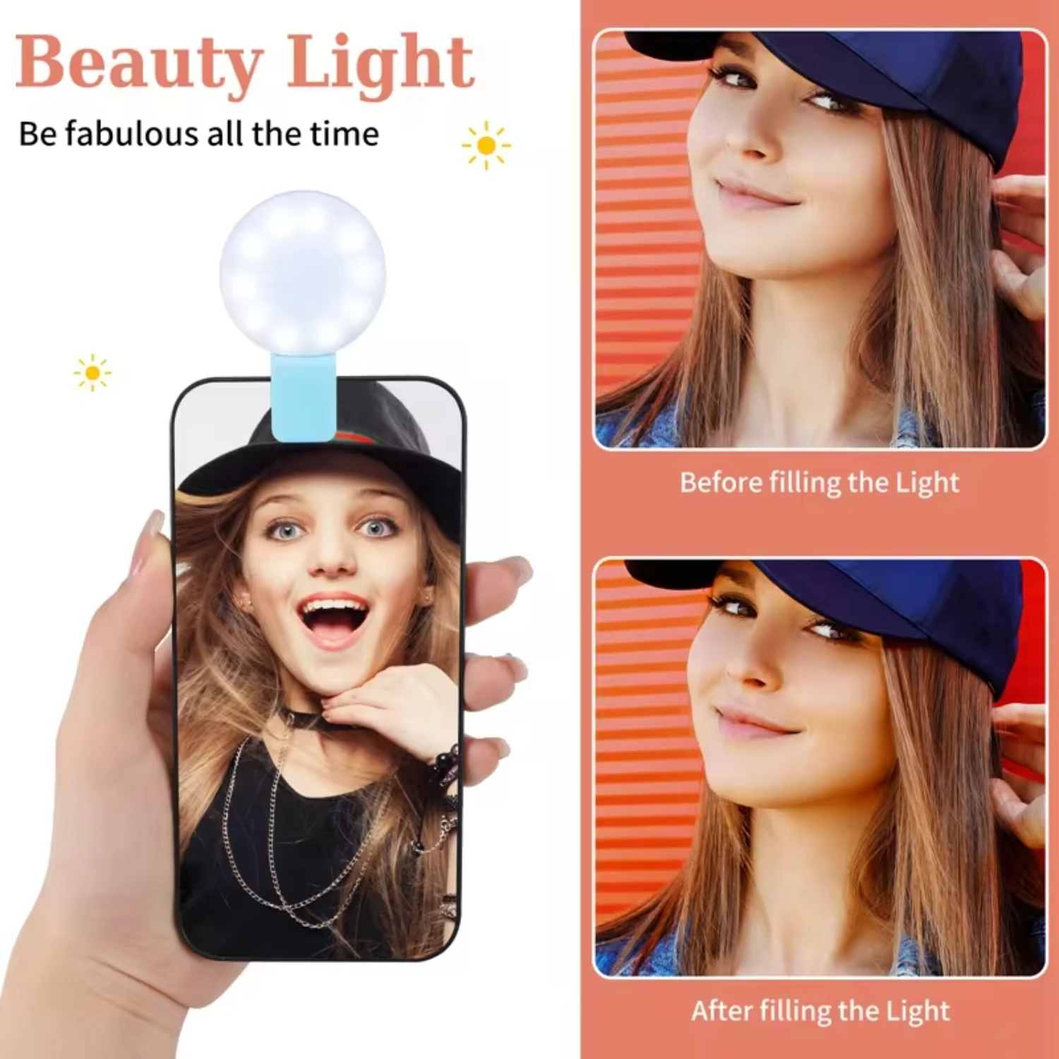 2PCS Cell Phone  Fill Light, Beauty Selfie Light with Clip, Adjustable Brightness Hand-held Ring Light  Mobile Phone