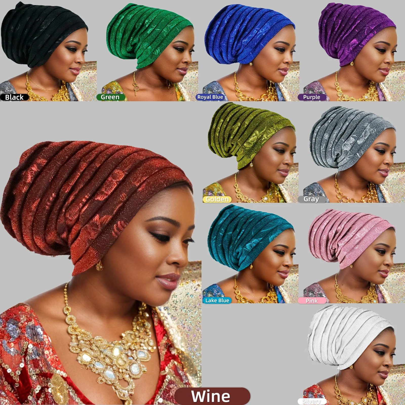 여성을위한 반짝이 전신 Pleated Turban 모자 2025 레이디 헤드 랩 이슬람 Headscarf 모자 Turbante Mujer African Headpiece