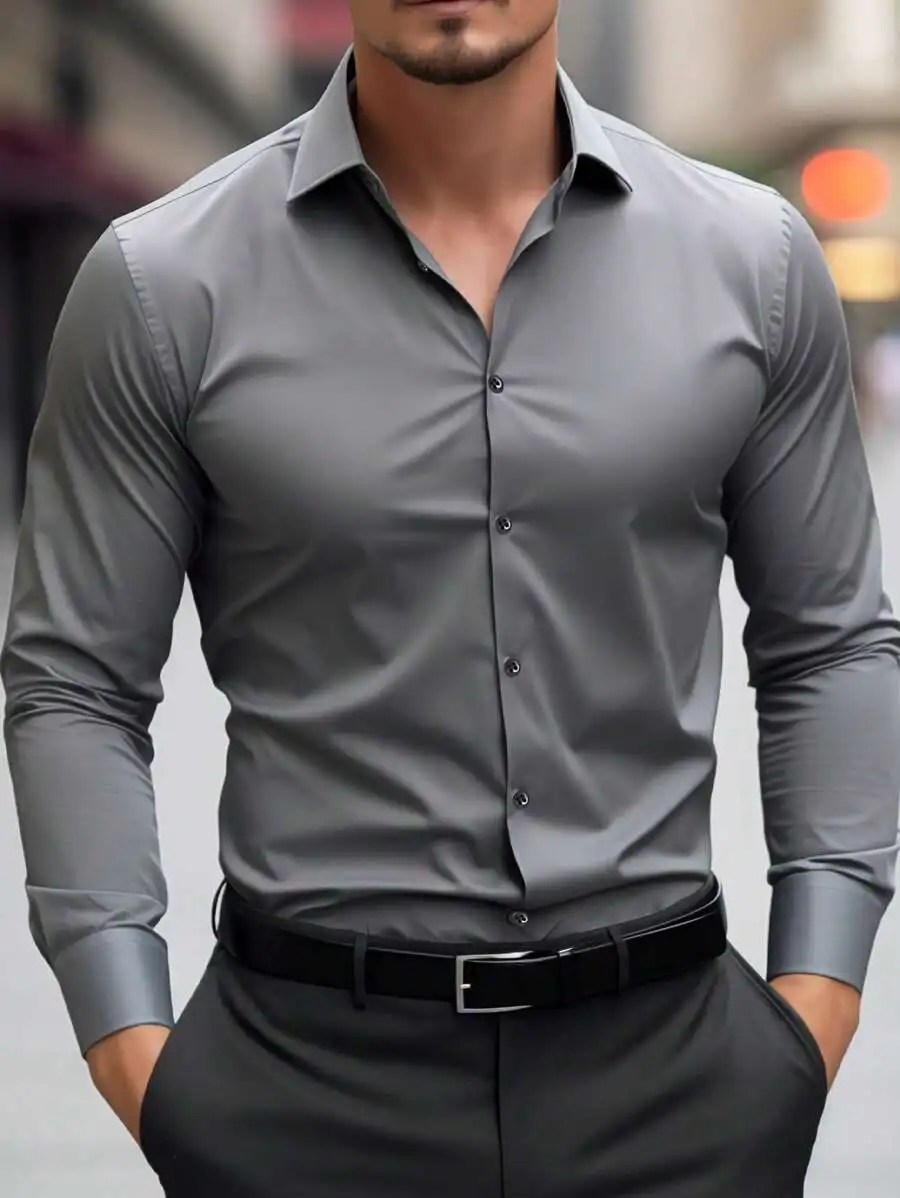 

Men's Long Sleeve Solid Gray Single-Breasted Business Dress Shirt for Fall