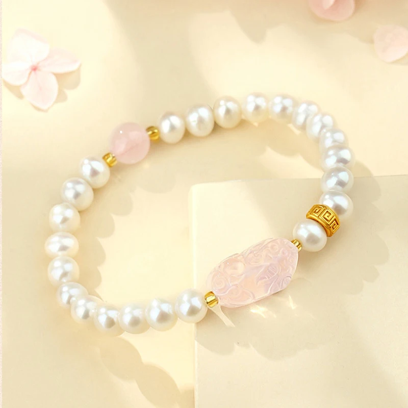 Natural Pink Crystal PIXIU Bracelet DIY Handmade Health Wealth Lucky Jade Beads Jewelry for Women