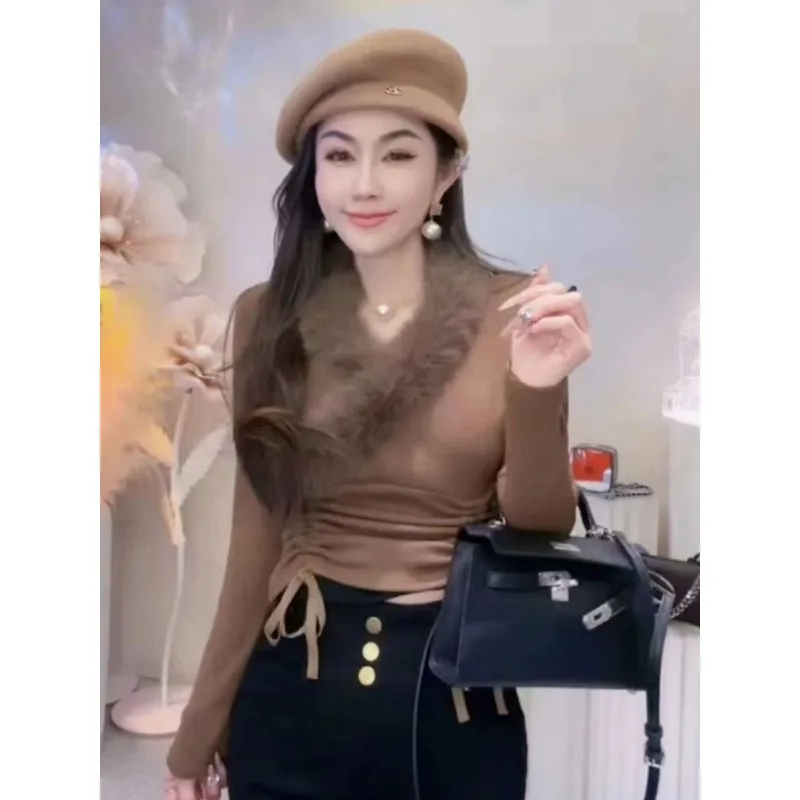 

Pure Sexy Design Fur Collar Top for Women in Spring and Autumn New Slim Inner Base Shirt