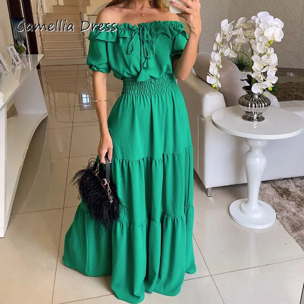 

Demure Off The Shoulder A-line Evening Dresses For Women Tea-length Open Back Prom Dresses Sleeveless Fold Party Dresses