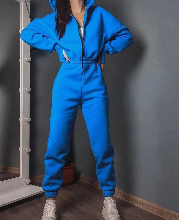 

Ladies Fall Winter Sportswear Hooded Jumpsuit Tracksuit One Piece Sweatpants Zip Up Suit
