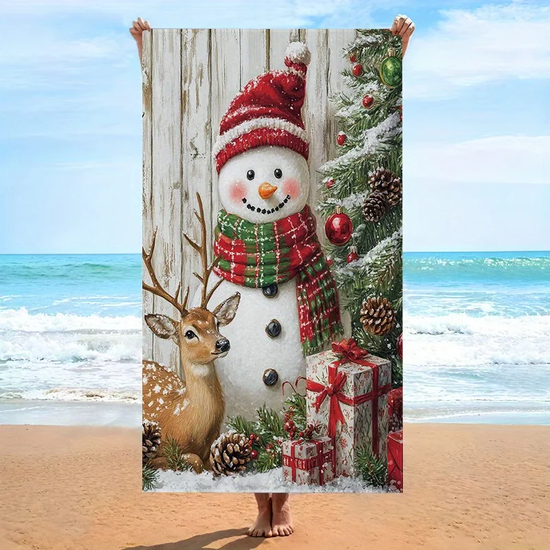 1pc Snowman Brown Deer Beach Towel, Christmas Tree with Red Baubles Pinecones Gifts on Rustic White Wooden Planks, Soft Microfib
