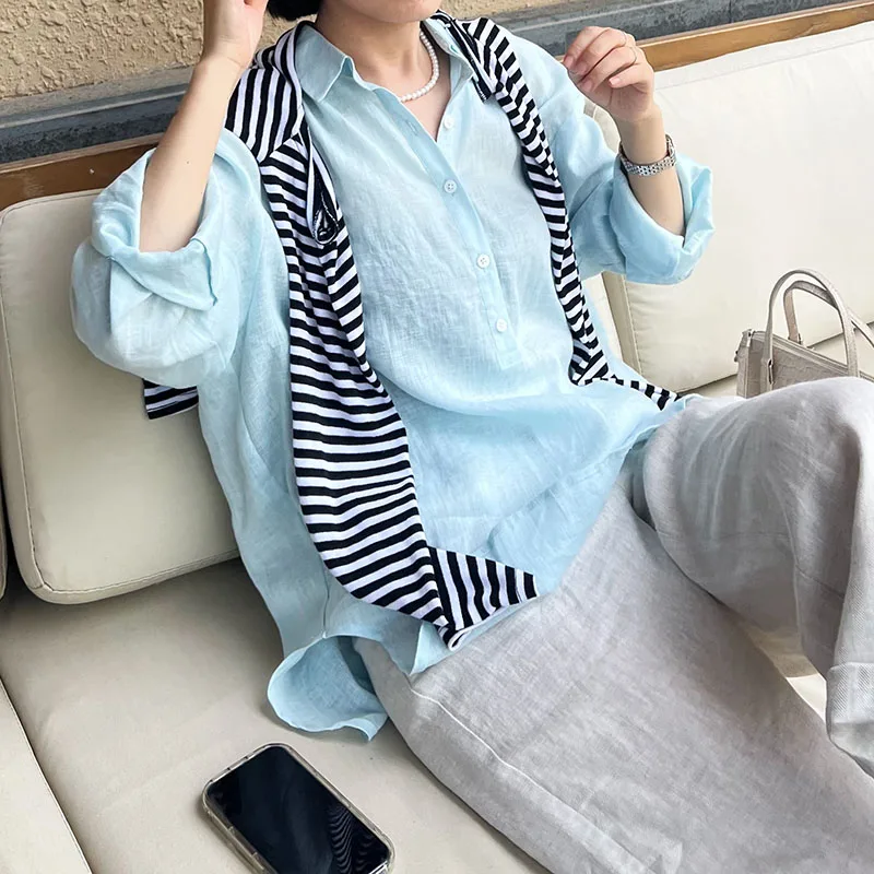 

Летний женский свободный льняной топ 2023 года, длинный рукав, тонкий, повседневный, белый, синий, на пуговицах, дышащий, комфортный