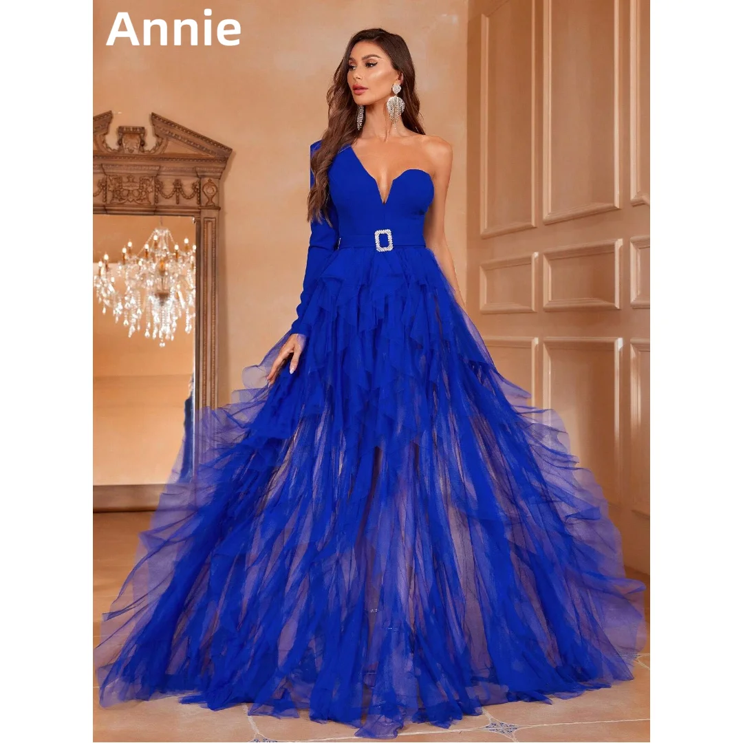 Annie blaue Roben de Soirée Spitze eine Schulter Langarm Ballkleider A-Linie Tüll Abendkleider Frauen Hochzeit Party kleid