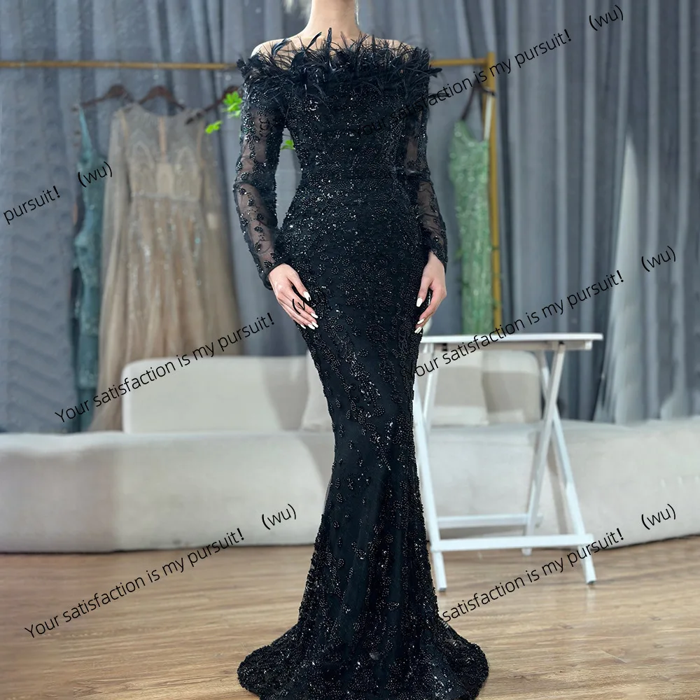 

Black one-word shoulder feather fishtail dress light luxury elegant temperament socialite banquet host evening dress