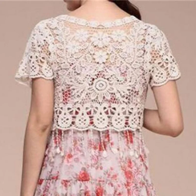 Womens Floral Crochet Sheer Short Sleeve Beach Cover Up Shrugs Crop Bolero Jackets for Dress Sunscreen Open Front Lace Cardigan - view 5