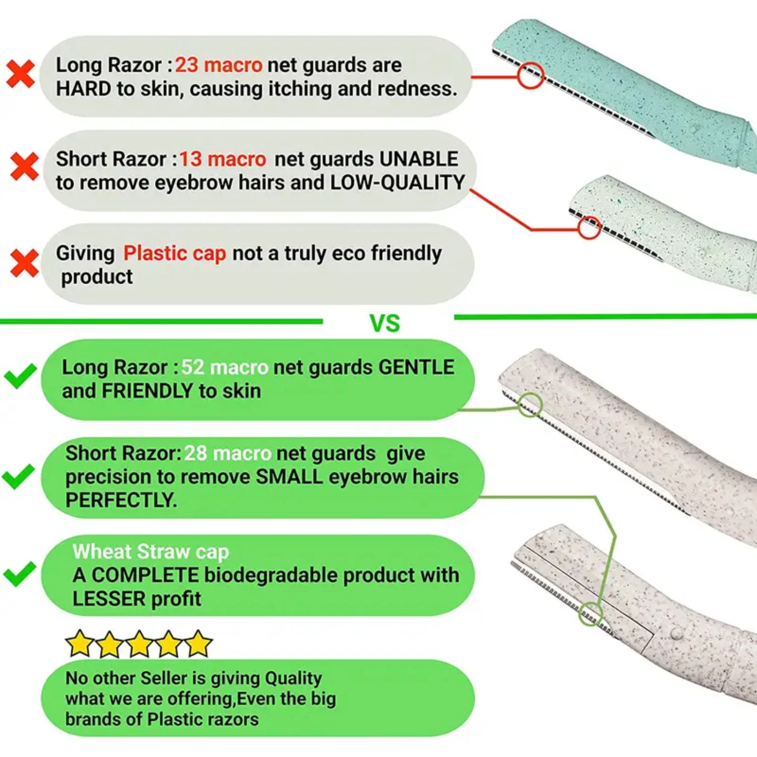 Navalha de sobrancelha de palha de trigo biodegradável suave e ecológica - Ferramenta de beleza sustentável para homens e mulheres, Shav facial perfeito