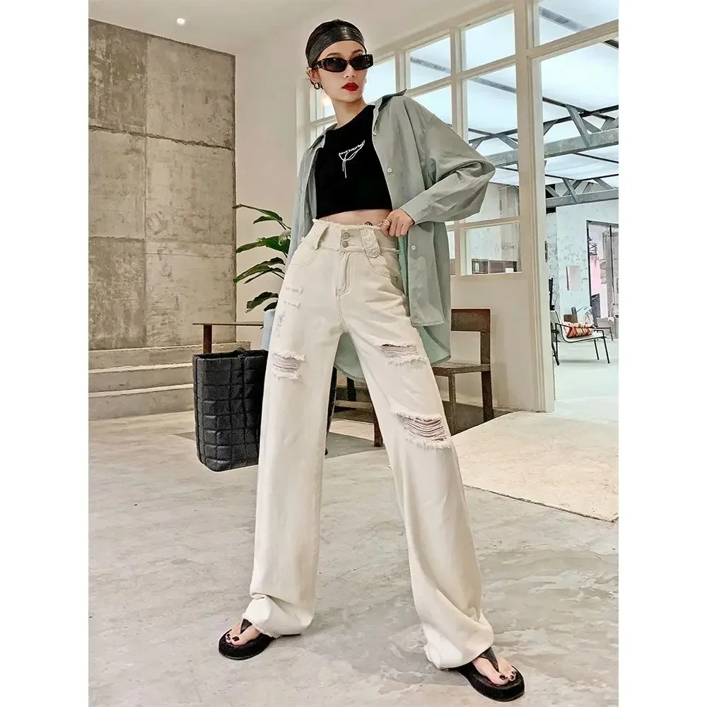 

Woman Jeans Pants White Pants Women's Autumn Leg Knee Ripped Jeans High Waist Straight Soft Pantalones Vaqueros Mujer