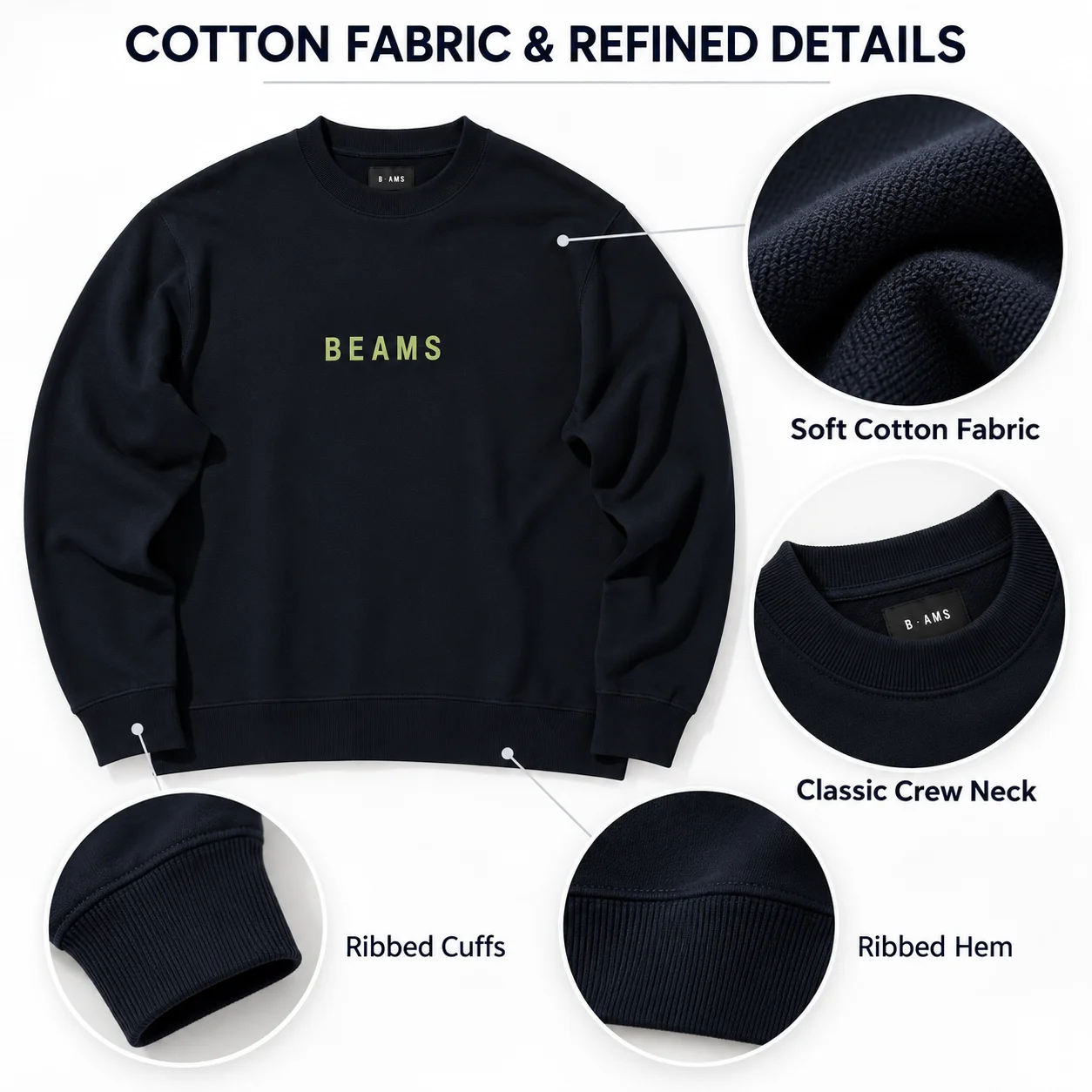 Beams Men Long Sleeve Top Classic Letter Print Men Women Crewneck Long Sleeve Trendy Oversized Cotton Casual Sweatshirt Clothing