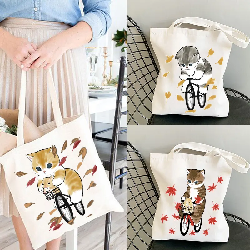 Bolso de compras reutilizable con estampado de gato Kawaii para mujer, bolsa de lona para comestibles, bolsos de hombro para mujer, bolso de mano de