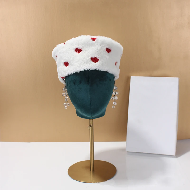 Winter Fuzzy Beret With Heart Embroidery And Storage Pouch Women's Warm Hats Outdoor Activities And Travel Wholesale