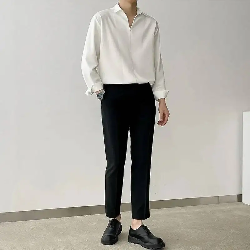 Loose Pullover V-Neck Long-Sleeved For Men Korean Version Of The Trend Plankton Handsome Silky Sag Shirt Autumn