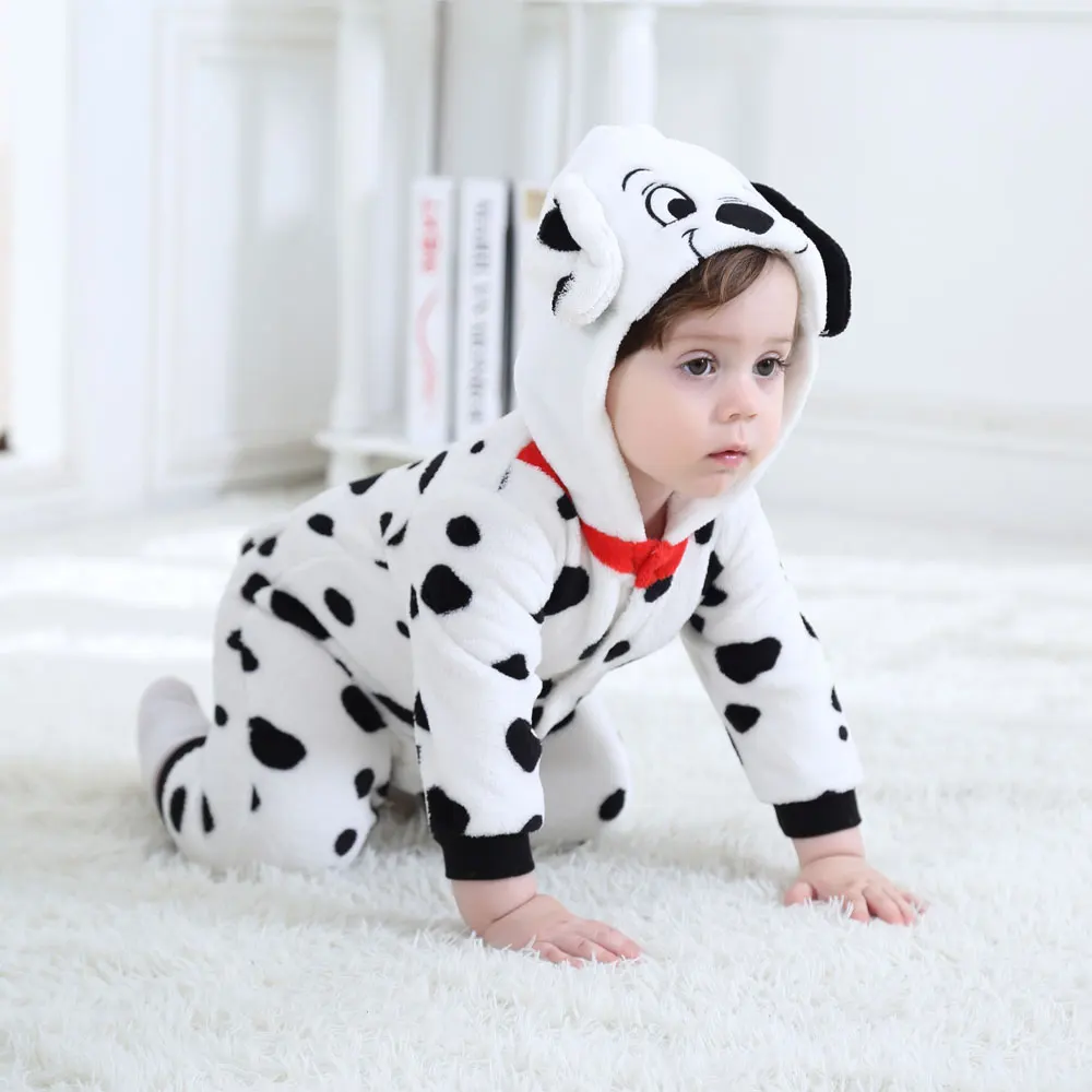 Baby Dalmatians Spotty Dog Costume Kigurumi Cartoon Animal Rompers Infant Toddler Jumpsuit Flannel Halloween Fancy Dress