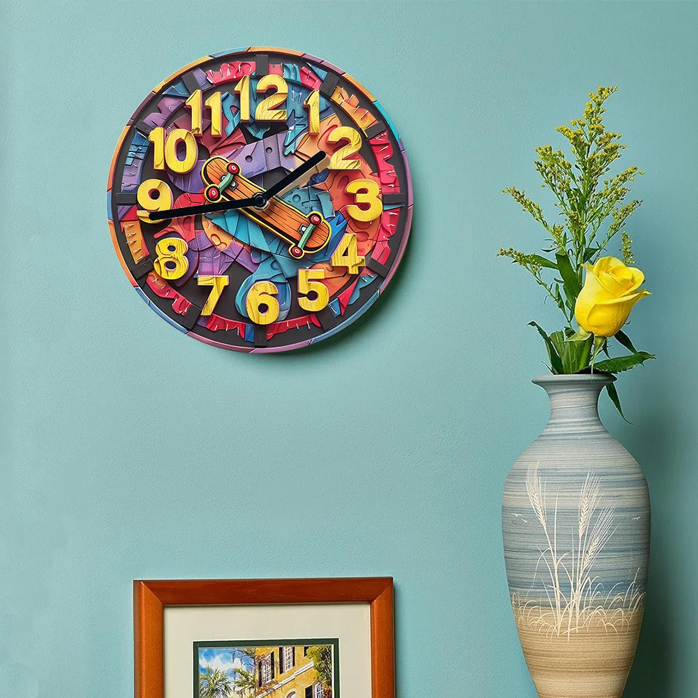 Skateboard-Themed Silent Wall Clock, Aluminum, Perfect for Bedroom Decor & Father'S Day Gift Wall Clock Modern Design