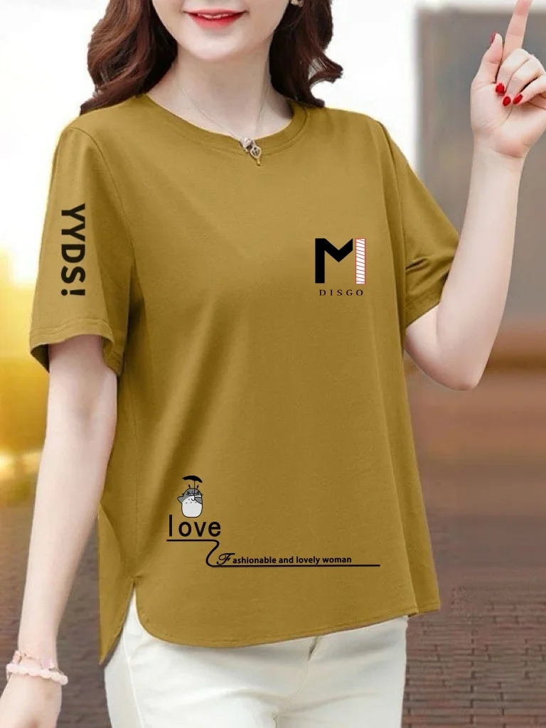 

High-End Letter Print Short Sleeve T-Shirt Women's Shoulder-Length Loose Casual Slimming Top Fashionable Comfortable Polyeste...