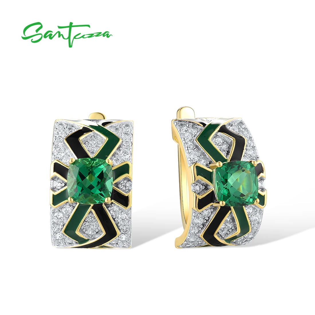 SANTUZZA Genuine 925 Sterling Silver Earrings For Woman Sparkling Green Spinel Enamel Solitaire Delicate Wedding Fine Jewelry